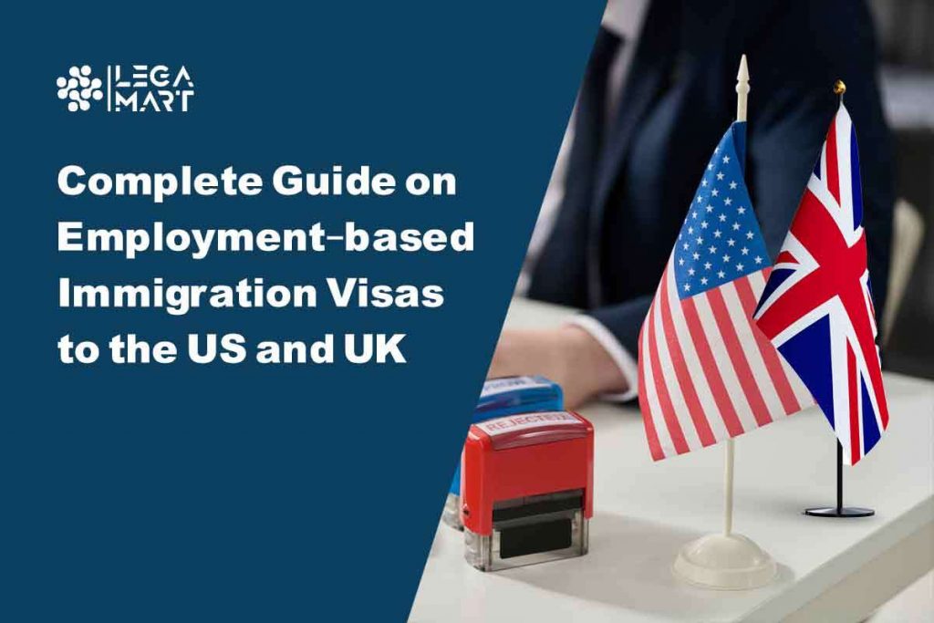 Flags of USA and UK on a table in an immigration agency that handles Employment-based immigration visas